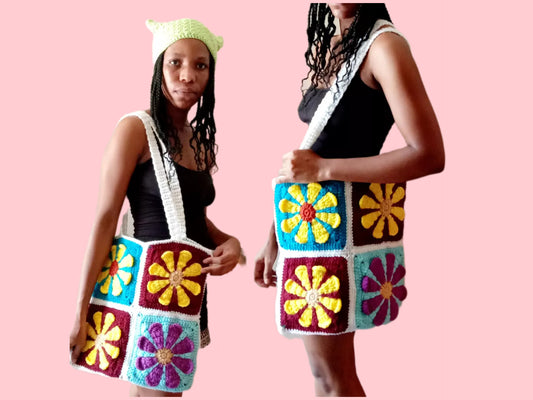 Retro Daisy Granny Square Crochet Tote Bag Pattern by Helencraftcrochet