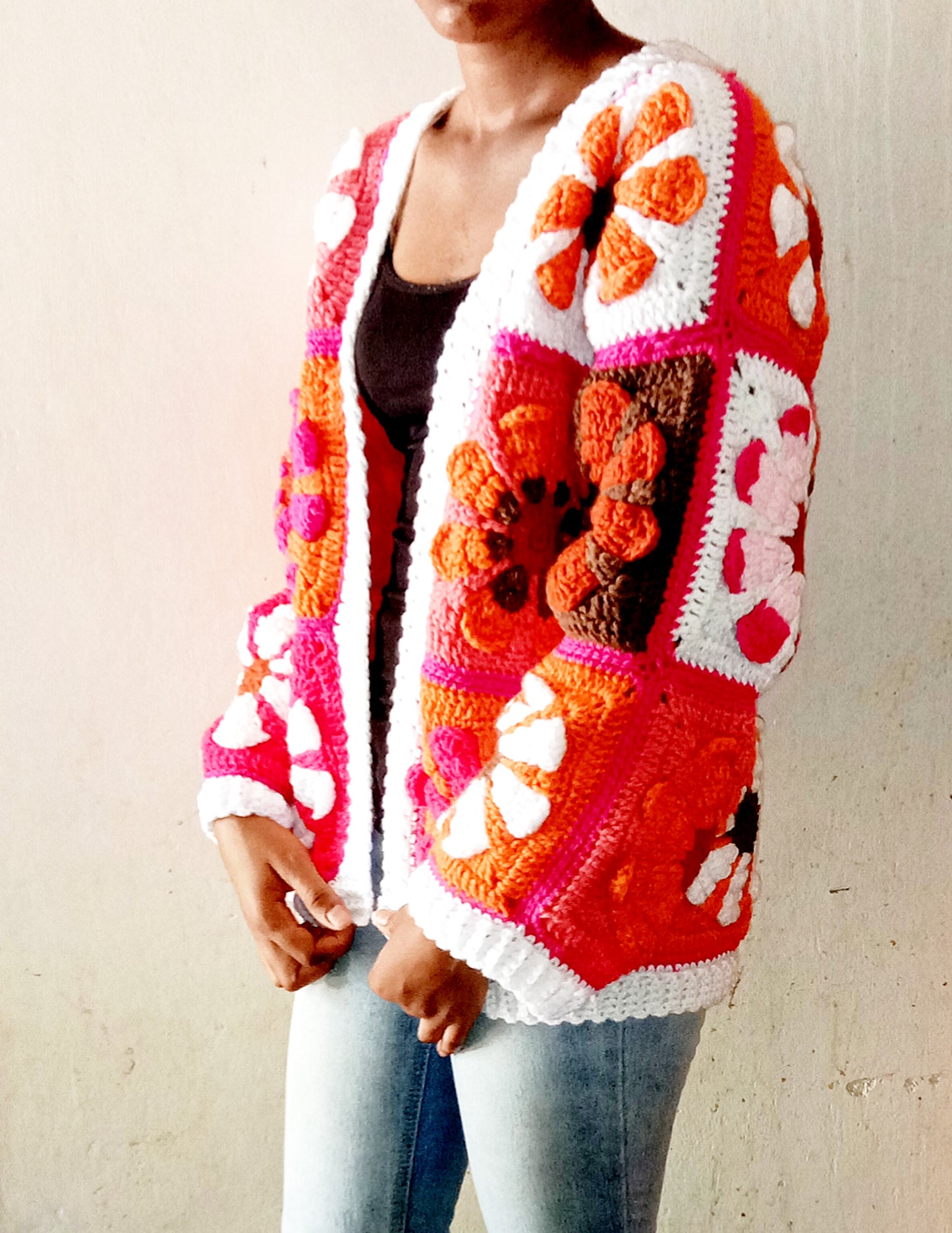 Retro Daisy Granny Square Cardigan Crochet Pattern by Helencraftcrochet