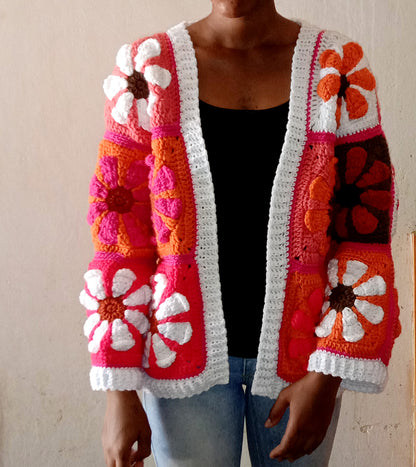 Retro Daisy Granny Square Cardigan Crochet Pattern by Helencraftcrochet