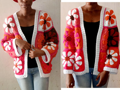 Retro Daisy Granny Square Cardigan Crochet Pattern by Helencraftcrochet