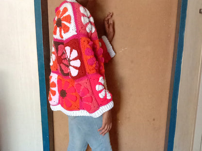 Retro Daisy Granny Square Cardigan Crochet Pattern by Helencraftcrochet