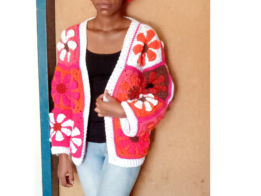Retro Daisy Granny Square Cardigan Crochet Pattern by Helencraftcrochet