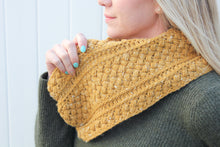 Load image into Gallery viewer, Mustard Puff Infinity Scarf Crochet PDF Pattern by Nikki McMahon

